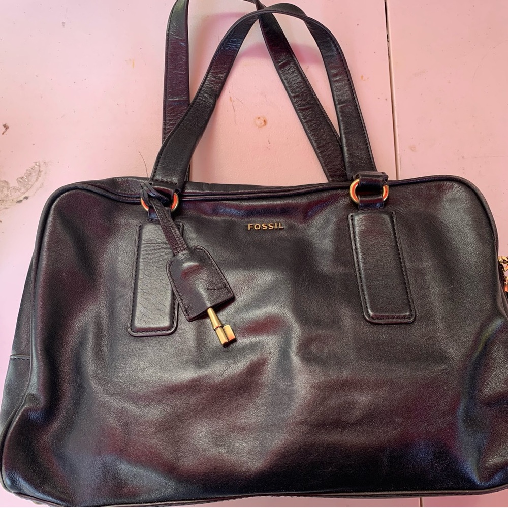 Fossil Black Leather Satchel with Gold Accents